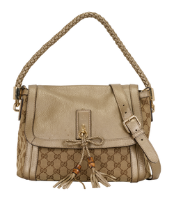 Bella Flap Satchel, Canvas, Beige/Champagne, 001998, S/DB, 1*
